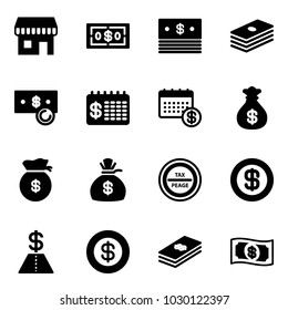 Solid vector icon set - duty free vector, dollar, cash, finance calendar, money bag, tax peage road sign
