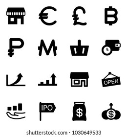 Solid vector icon set - duty free vector, euro, pound, bitcoin, ruble, monero, basket, wallet time, growth arrow, store, open, ipo, money bag, dollar