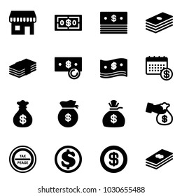 Solid vector icon set - duty free vector, dollar, cash, calendar, money bag, encashment, tax peage road sign