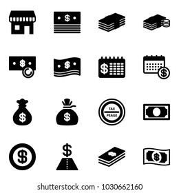 Solid vector icon set - duty free vector, dollar, cash, finance calendar, money bag, tax peage road sign