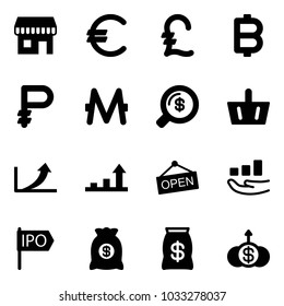 Solid vector icon set - duty free vector, euro, pound, bitcoin, ruble, monero, money search, basket, growth arrow, open, ipo, bag, dollar