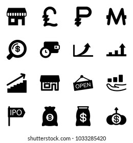 Solid vector icon set - duty free vector, pound, ruble, monero, money search, wallet time, growth arrow, store, open, ipo, bag, dollar