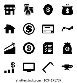 Solid vector icon set - duty free vector, coin, safe, purse, home, dollar, schedule, chart point arrow, growth, list, money bag, monitor, staple, pipe welding