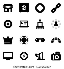 Solid vector icon set - duty free vector, safe, time, link, target, statistics monitor, bank building, star man, crown, sun, sunglasses, rainbow, power, oil derrick, camera