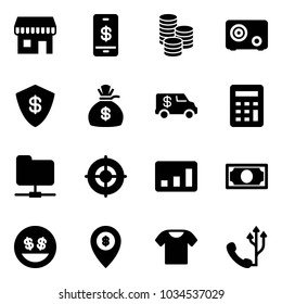 Solid vector icon set - duty free vector, mobile payment, coin, safe, money bag, encashment car, calculator, network folder, target, statistics, smile, atm map pin, t shirt, phone