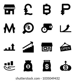 Solid vector icon set - duty free vector, pound, bitcoin, ruble, monero, money search, wallet time, growth arrow, store, open, bag, dollar