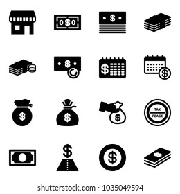 Solid vector icon set - duty free vector, dollar, cash, finance calendar, money bag, encashment, tax peage road sign