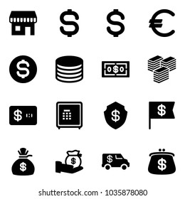 Solid vector icon set - duty free vector, dollar sign, euro, coin, big cash, credit card, safe, flag, money bag, investment, encashment car, purse