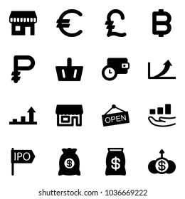 Solid vector icon set - duty free vector, euro, pound, bitcoin, ruble, basket, wallet time, growth arrow, store, open, ipo, money bag, dollar