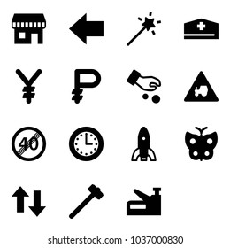 Solid vector icon set - duty free vector, left arrow, Magic wand, doctor hat, yen, ruble, investment, tractor way road sign, end speed limit, time, rocket, butterfly, up down arrows, sledgehammer