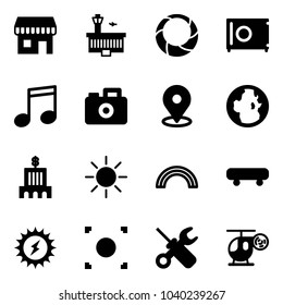 Solid vector icon set - duty free vector, airport building, christmas wreath, safe, music, camera, map pin, globe, bank, sun, rainbow, skateboard, power, record button, wrench screwdriver