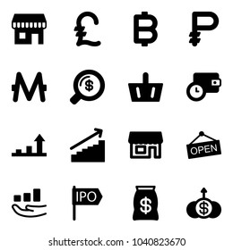 Solid vector icon set - duty free vector, pound, bitcoin, ruble, monero, money search, basket, wallet time, growth arrow, store, open, ipo, bag, dollar