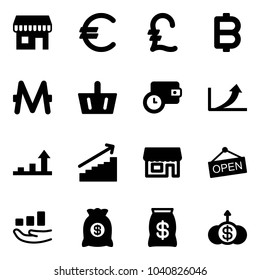 Solid vector icon set - duty free vector, euro, pound, bitcoin, monero, basket, wallet time, growth arrow, store, open, money bag, dollar