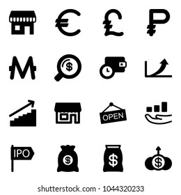 Solid vector icon set - duty free vector, euro, pound, ruble, monero, money search, wallet time, growth arrow, store, open, ipo, bag, dollar