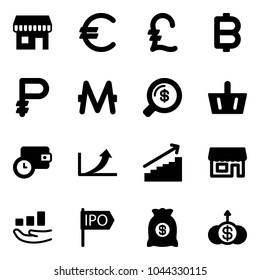 Solid vector icon set - duty free vector, euro, pound, bitcoin, ruble, monero, money search, basket, wallet time, growth arrow, store, ipo, bag, dollar