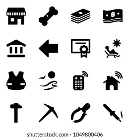 Solid vector icon set - duty free vector, broken bone, dollar, cash, bank, left arrow, certificate, beach, life vest, waves, remote control, wireless home, hammer, axe, side cutters, soldering iron
