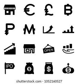 Solid vector icon set - duty free vector, euro, pound, bitcoin, ruble, monero, growth arrow, store, open, ipo, money bag, dollar