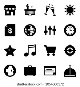 Solid vector icon set - duty free vector, airport building, wine glasses, sun, account statement, globe, settings, time, star, music, cart, target, case, schedule, crown