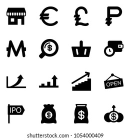 Solid vector icon set - duty free vector, euro, pound, ruble, monero, money search, basket, wallet time, growth arrow, open, ipo, bag, dollar