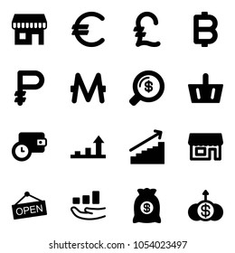 Solid vector icon set - duty free vector, euro, pound, bitcoin, ruble, monero, money search, basket, wallet time, growth arrow, store, open, bag, dollar