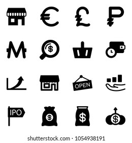 Solid vector icon set - duty free vector, euro, pound, ruble, monero, money search, basket, wallet time, growth arrow, store, open, ipo, bag, dollar