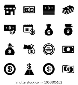 Solid vector icon set - duty free vector, dollar, cash, calendar, money bag, encashment, tax peage road sign
