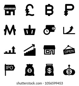 Solid vector icon set - duty free vector, pound, bitcoin, ruble, monero, basket, wallet time, growth arrow, store, open, ipo, money bag, dollar