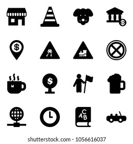 Solid vector icon set - duty free vector, road cone, dog, account, dollar pin, slippery sign, railway intersection, no stop, hot tea, money tree, win, beer, globe, clock, abc book, toy car