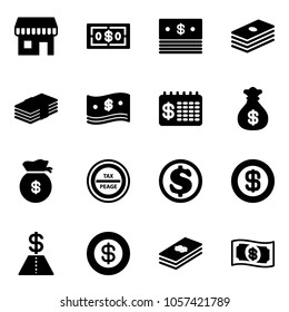 Solid vector icon set - duty free vector, dollar, cash, finance calendar, money bag, tax peage road sign