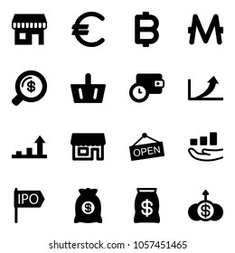 Solid vector icon set - duty free vector, euro, bitcoin, monero, money search, basket, wallet time, growth arrow, store, open, ipo, bag, dollar