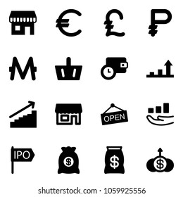 Solid vector icon set - duty free vector, euro, pound, ruble, monero, basket, wallet time, growth arrow, store, open, ipo, money bag, dollar