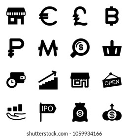 Solid vector icon set - duty free vector, euro, pound, bitcoin, ruble, monero, money search, basket, wallet time, growth, store, open, ipo, bag, dollar