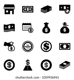Solid vector icon set - duty free vector, dollar, cash, calendar, money bag, encashment, tax peage road sign