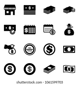 Solid vector icon set - duty free vector, dollar, cash, finance calendar, money bag, encashment, tax peage road sign