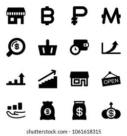 Solid vector icon set - duty free vector, bitcoin, ruble, monero, money search, basket, wallet time, growth arrow, store, open, bag, dollar
