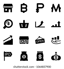 Solid vector icon set - duty free vector, bitcoin, ruble, monero, money search, basket, growth arrow, store, open, ipo, bag, dollar