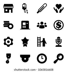 Solid vector icon set - duty free vector, drop counter, thermometer, heart care, coin, atm, group, dollar, gear, star medal, opportunity, microphone, piston, surveillance camera, clock, beanbag