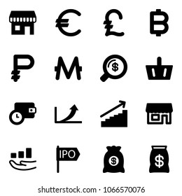 Solid vector icon set - duty free vector, euro, pound, bitcoin, ruble, monero, money search, basket, wallet time, growth arrow, store, ipo, bag