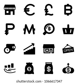 Solid vector icon set - duty free vector, euro, pound, bitcoin, ruble, monero, money search, basket, wallet time, growth, store, open, bag, dollar