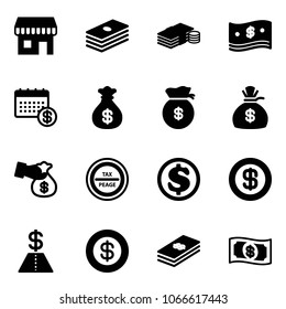 Solid vector icon set - duty free vector, dollar, cash, calendar, money bag, encashment, tax peage road sign