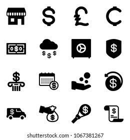 Solid vector icon set - duty free vector, dollar, pound, cent, money rain, safe, bank, calendar, cash pay, back, encashment car, torch, account history