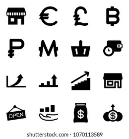 Solid vector icon set - duty free vector, euro, pound, bitcoin, ruble, monero, basket, wallet time, growth arrow, store, open, money bag, dollar