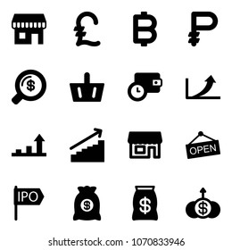 Solid vector icon set - duty free vector, pound, bitcoin, ruble, money search, basket, wallet time, growth arrow, store, open, ipo, bag, dollar