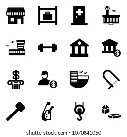 Solid vector icon set - duty free vector, baggage room, first aid, airport building, barbell, bank, account, hotel, fretsaw, rubber hammer, winch, constructor blocks
