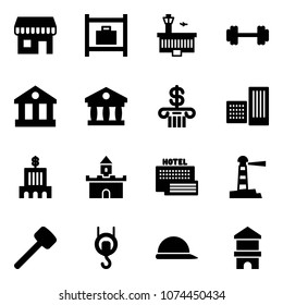 Solid vector icon set - duty free vector, baggage room, airport building, barbell, bank, sand fort, sea hotel, lighthouse, rubber hammer, winch, construction helmet, toy block house