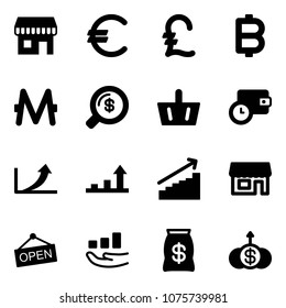 Solid vector icon set - duty free vector, euro, pound, bitcoin, monero, money search, basket, wallet time, growth arrow, store, open, bag, dollar