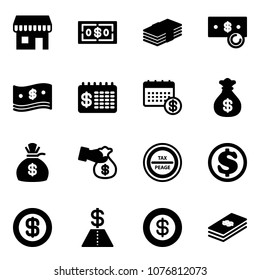 Solid vector icon set - duty free vector, dollar, cash, finance calendar, money bag, encashment, tax peage road sign