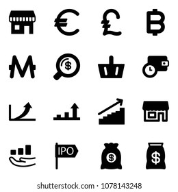 Solid vector icon set - duty free vector, euro, pound, bitcoin, monero, money search, basket, wallet time, growth arrow, store, ipo, bag