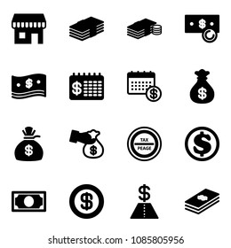 Solid vector icon set - duty free vector, dollar, cash, finance calendar, money bag, encashment, tax peage road sign