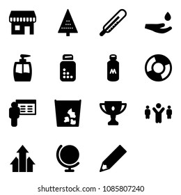 Solid vector icon set - duty free vector, christmas tree, thermometer, drop hand, liquid soap, pills bottle, milk, circle chart, presentation, garbage, gold cup, team leader, arrows up, globe